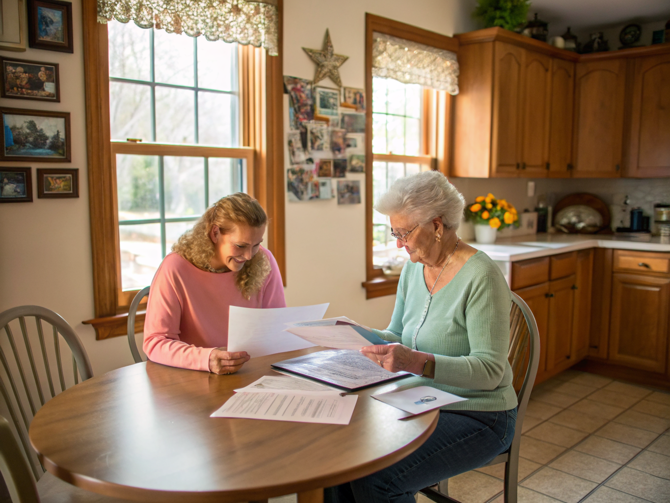Adult daughter reviewing home care payment options with elderly mother in New Jersey