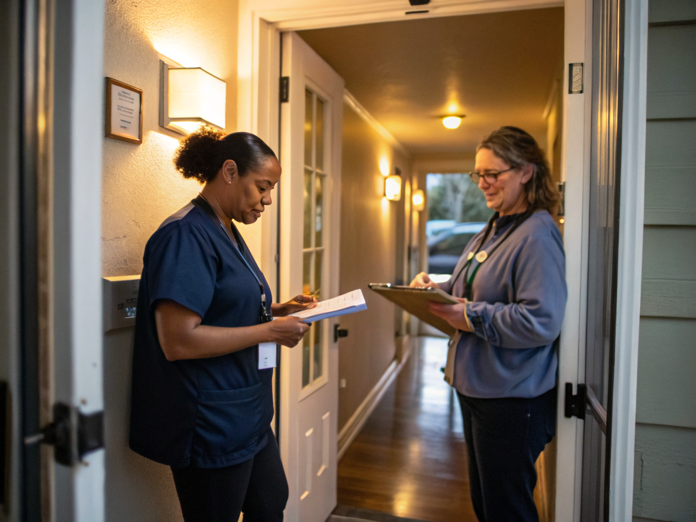 Around-the-clock shift change near Kessler West Orange NJ — two caregivers exchanging notes at doorway