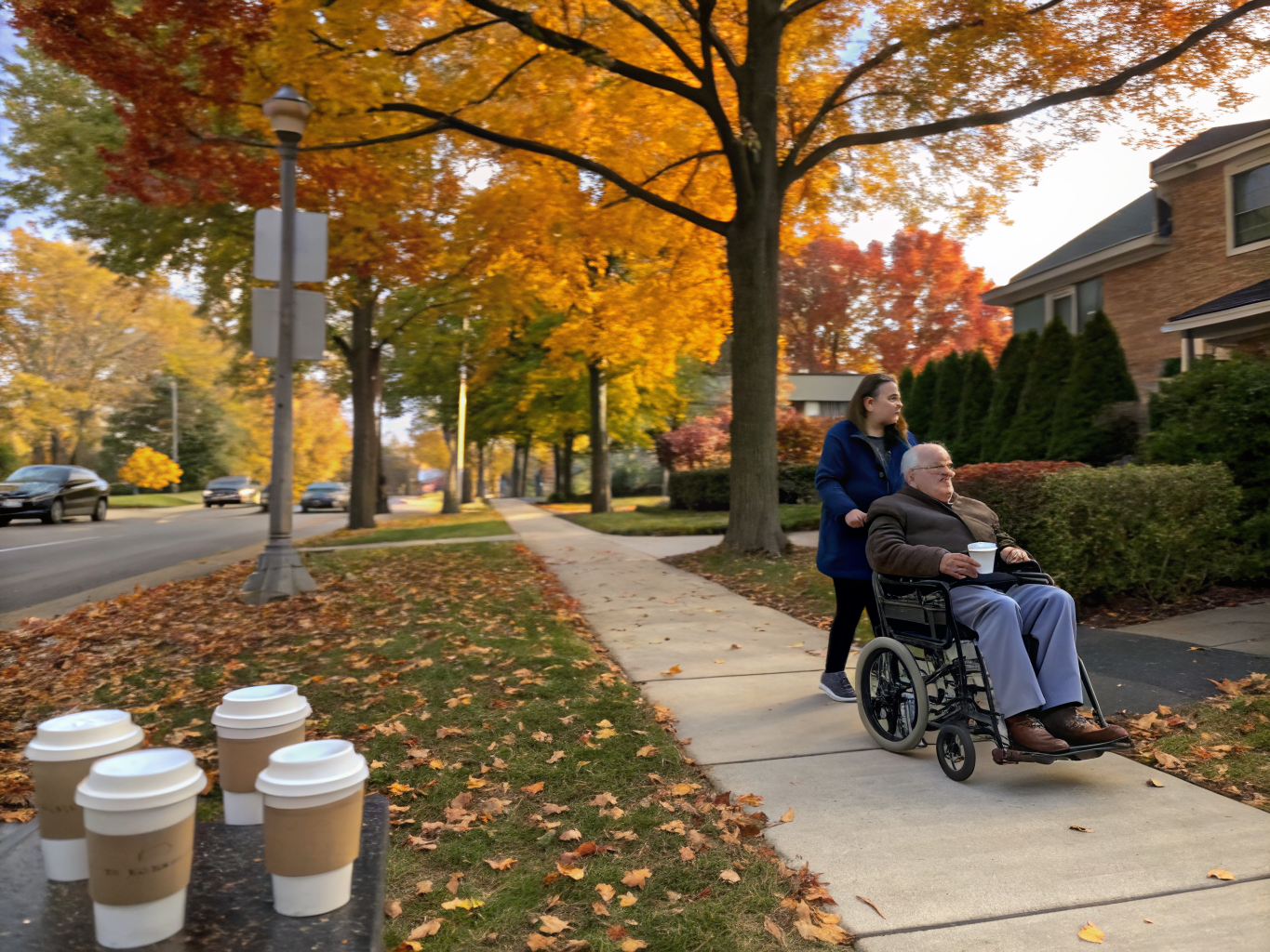 Around-the-clock outdoor activity near Kessler West Orange NJ — caregiver wheeling senior through neighborhood