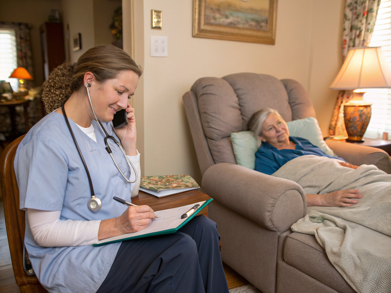 Around-the-clock physician coordination near Kessler West Orange NJ — caregiver on phone with doctor while monitoring senior