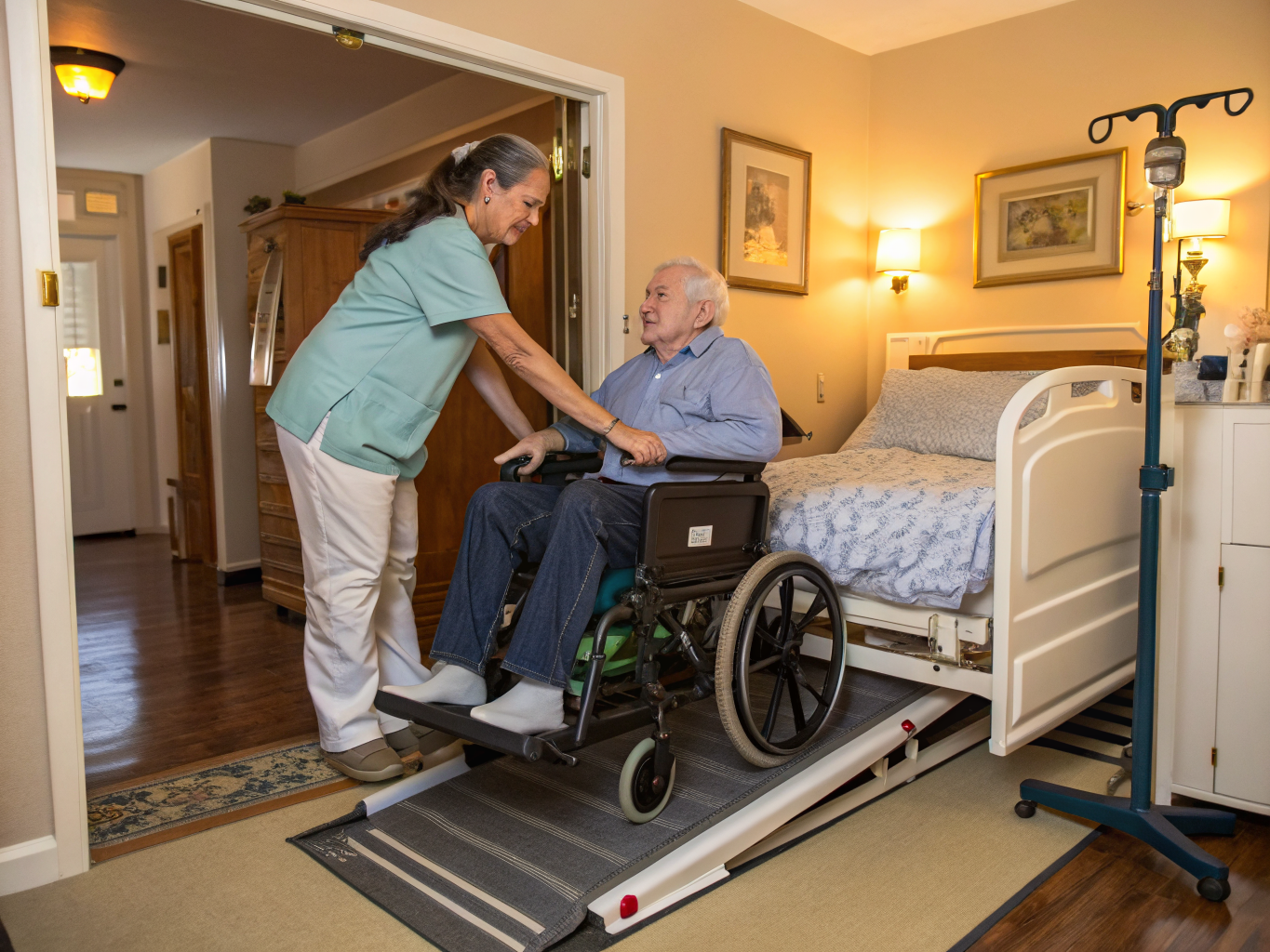 24-hour caregiver helping senior transfer from bed to wheelchair near Kessler West Orange NJ — safe mobility