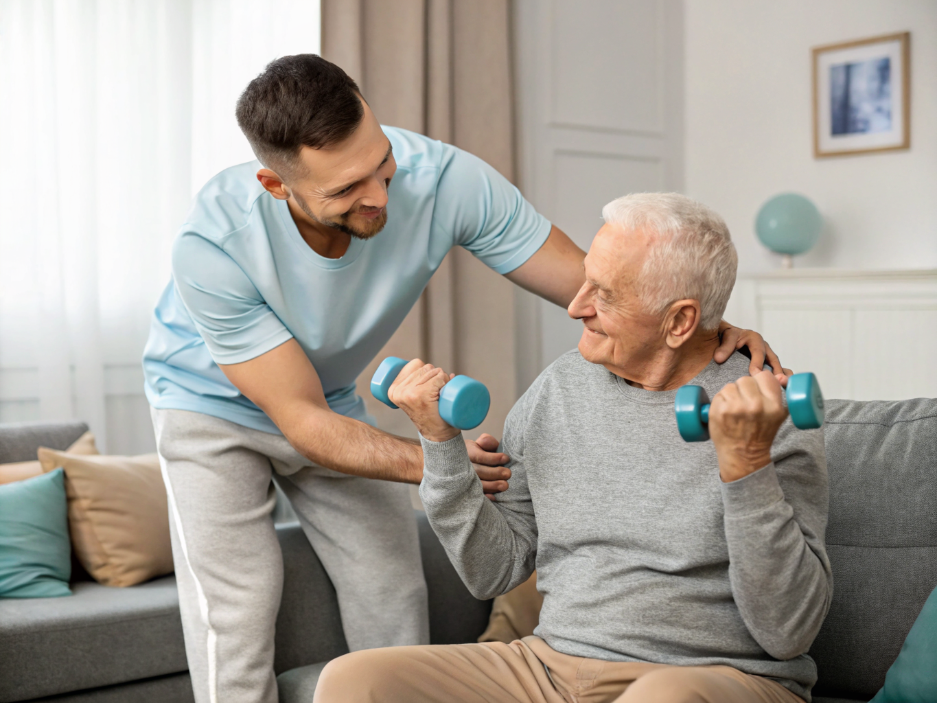 24-hour caregiver guiding seated arm exercises for senior near Kessler West Orange NJ — strength rehabilitation