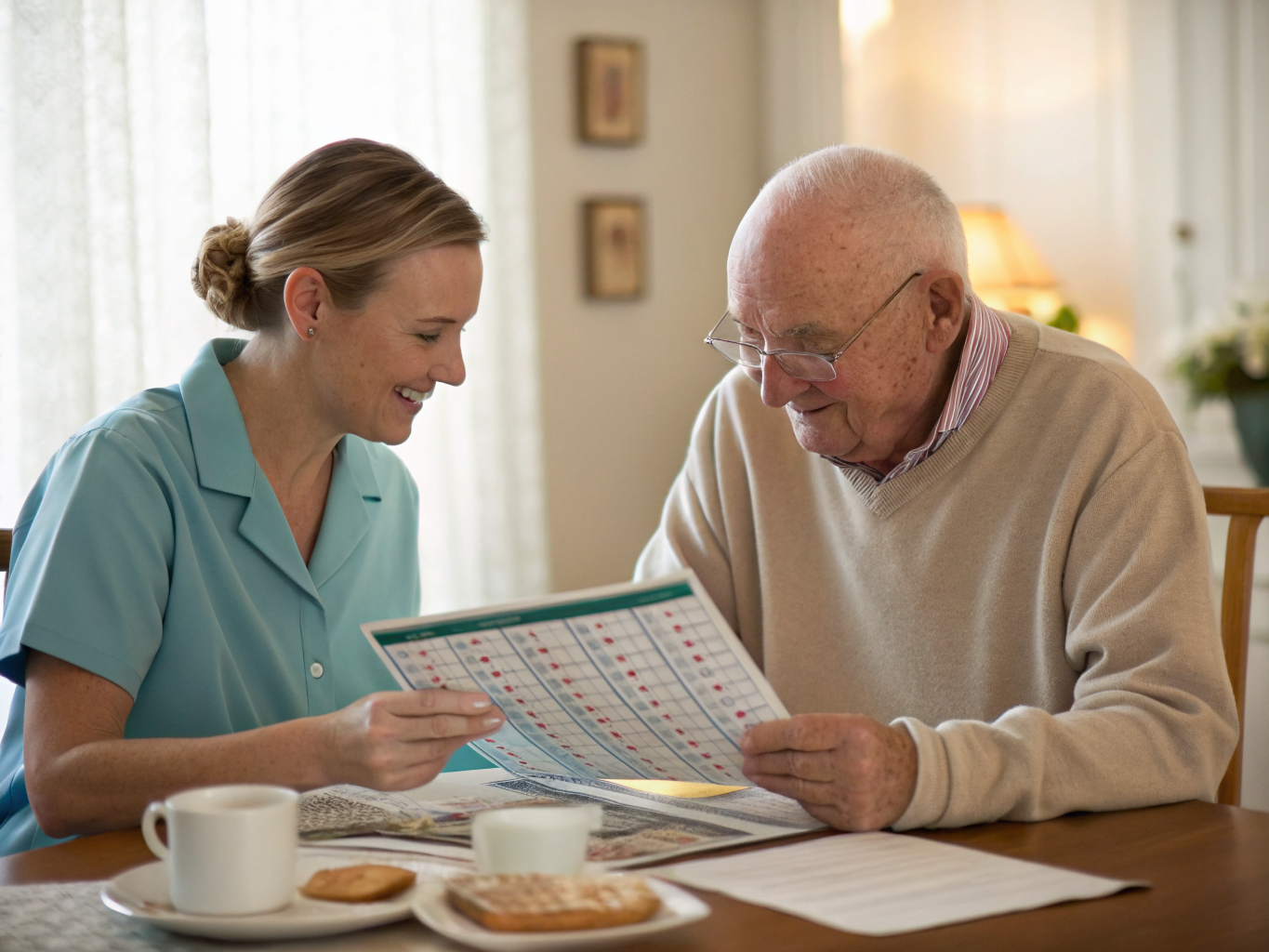 24-hour caregiver reviewing rehabilitation progress chart with senior near Kessler West Orange NJ — milestone tracking