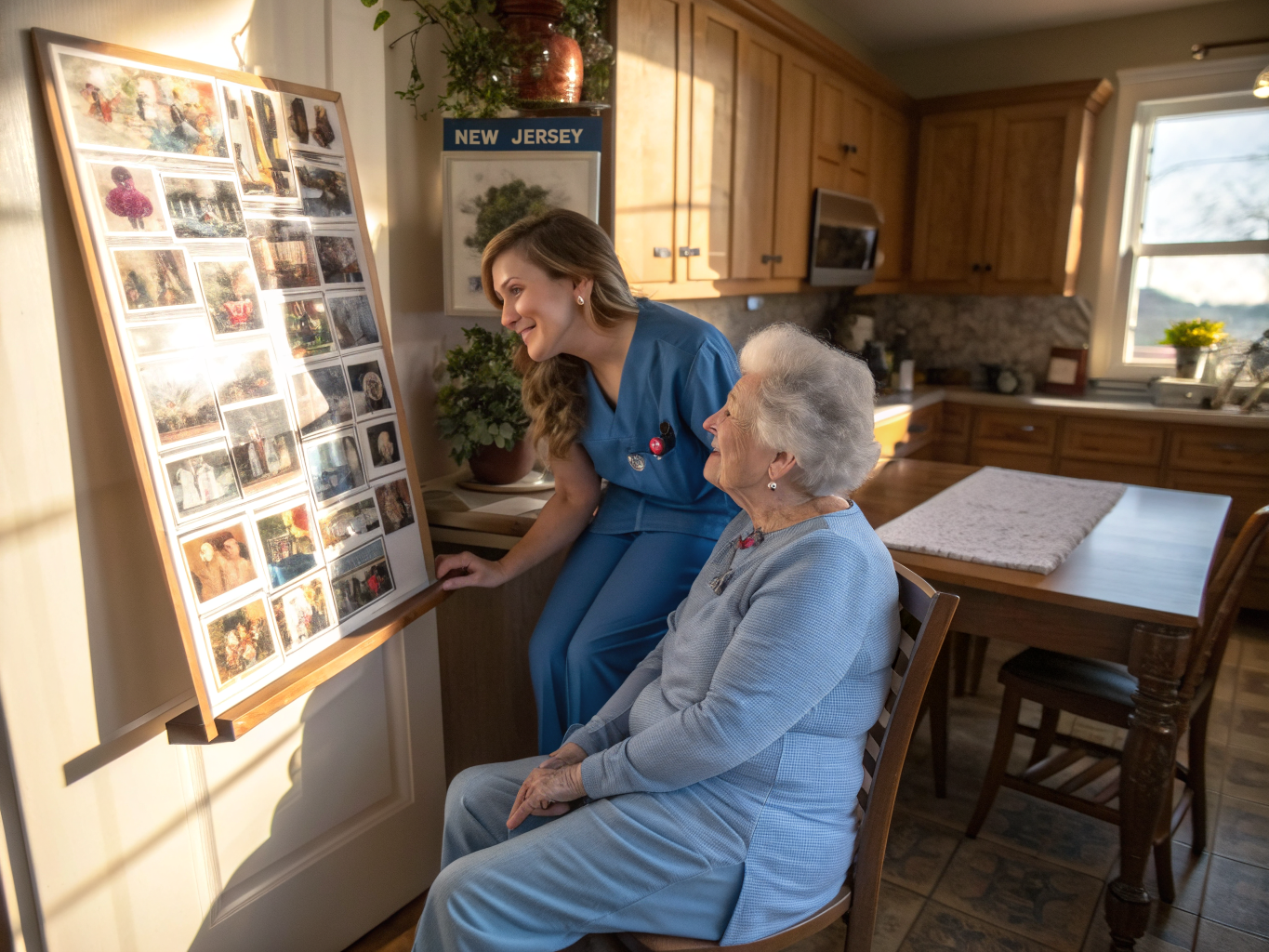 Alzheimer's home care near Kessler West Orange NJ — memory board therapy with caregiver
