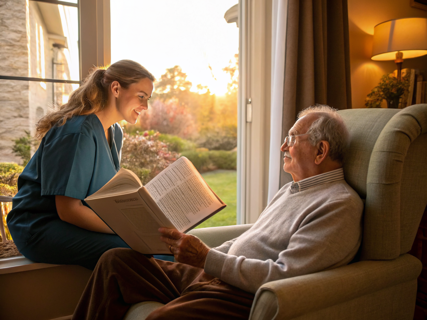 Alzheimer's therapeutic reading near Kessler West Orange NJ — caregiver reads to patient