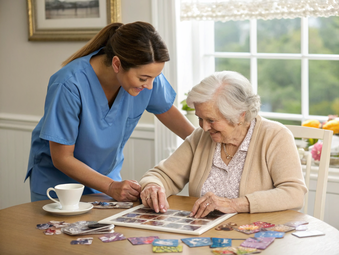 Dementia home care near Kessler West Orange NJ — caregiver guiding memory exercise