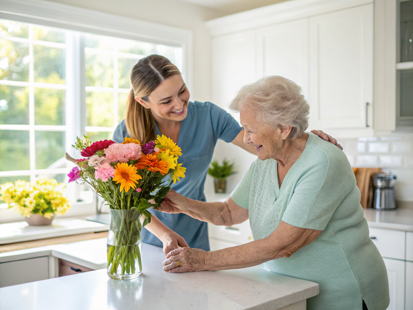 Cognitive engagement activity near Kessler West Orange NJ — flower arranging with caregiver