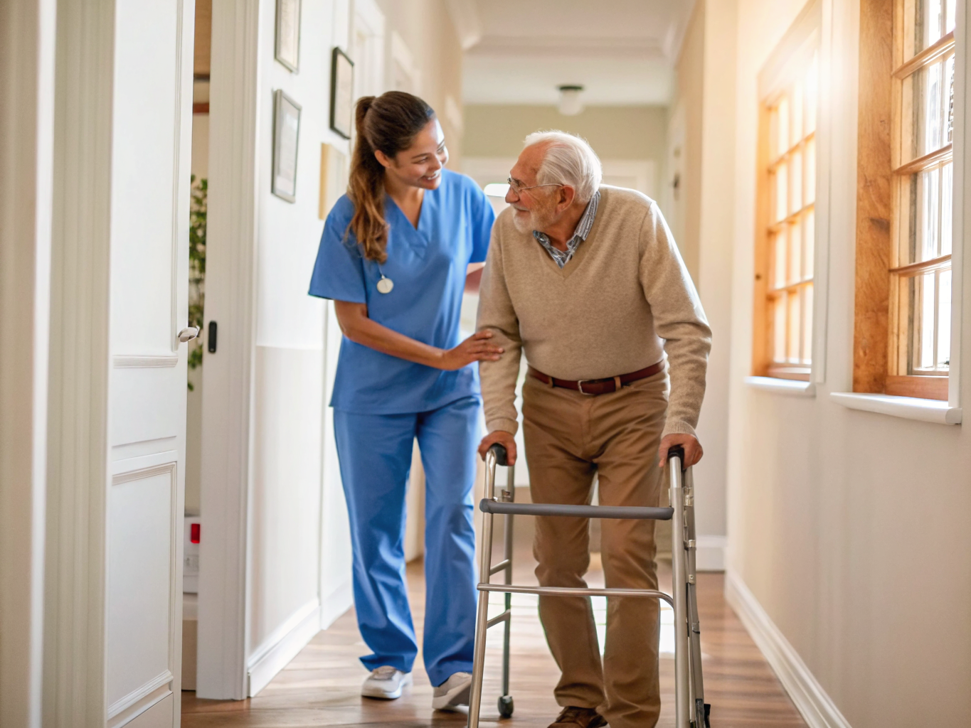 Post-rehab home care near Kessler West Orange NJ — caregiver assisting walker exercise