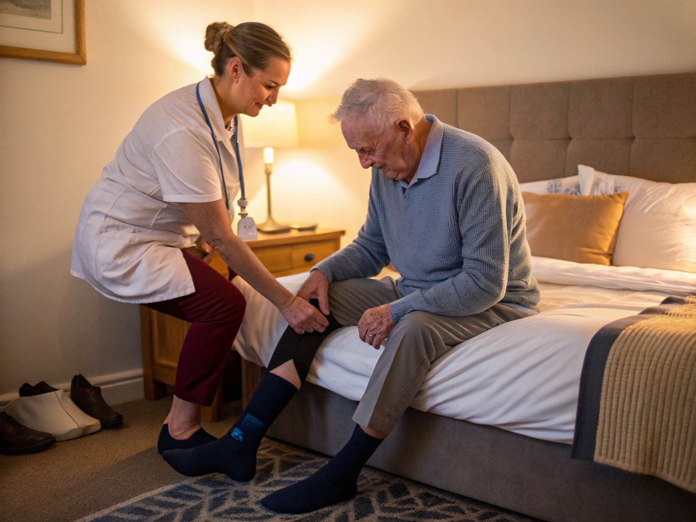 24-hour home care near Kessler West Orange NJ — caregiver helping senior with compression socks morning routine