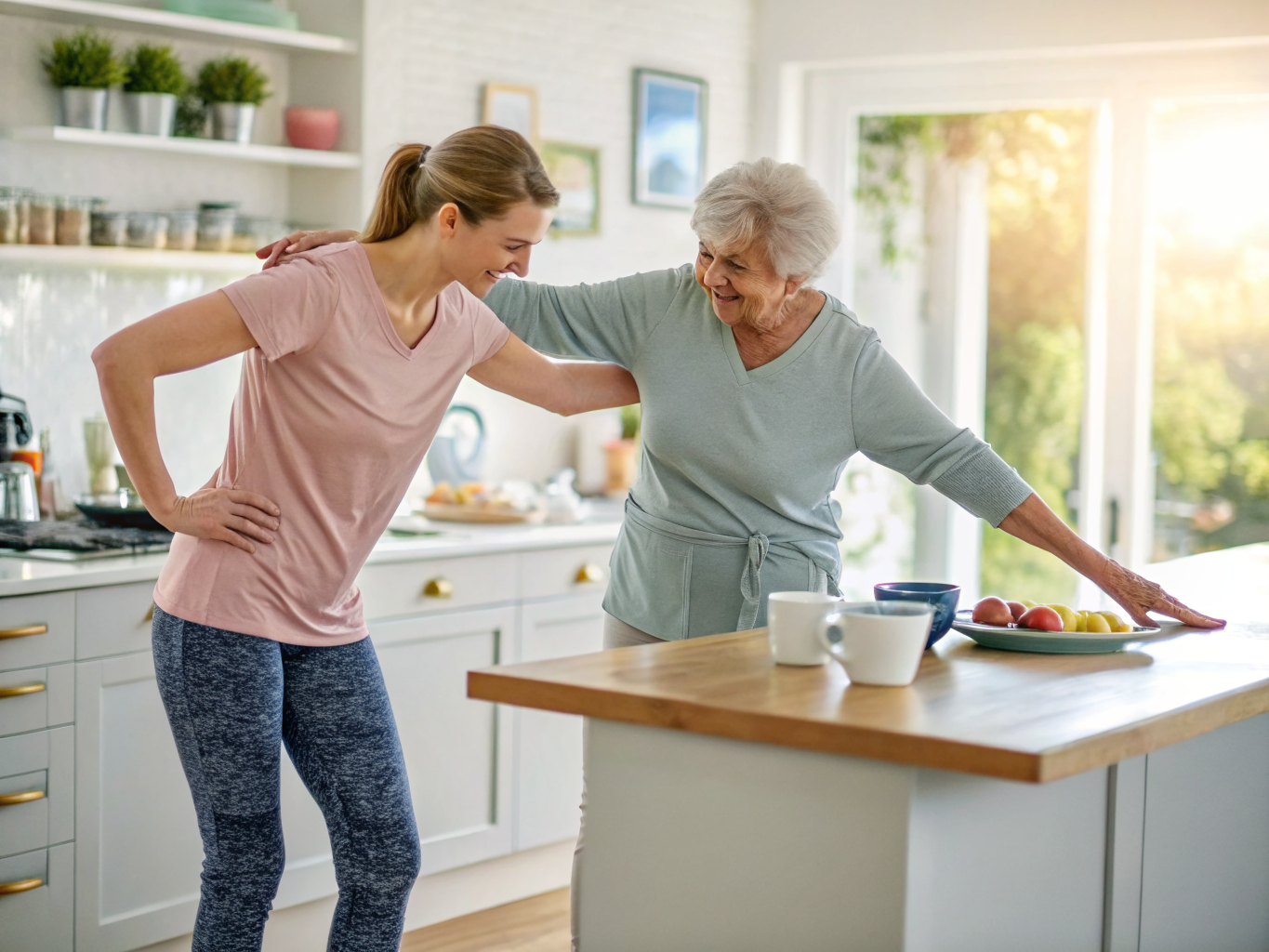 24-hour home care near Kessler West Orange NJ — caregiver guiding balance exercises at kitchen counter