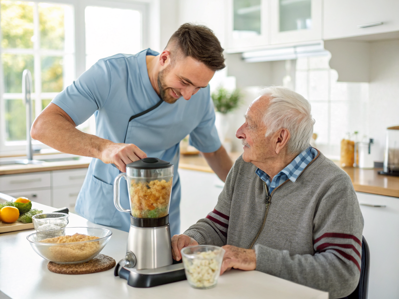 24-hour home care near Kessler West Orange NJ — caregiver preparing pureed meal for dysphagia patient