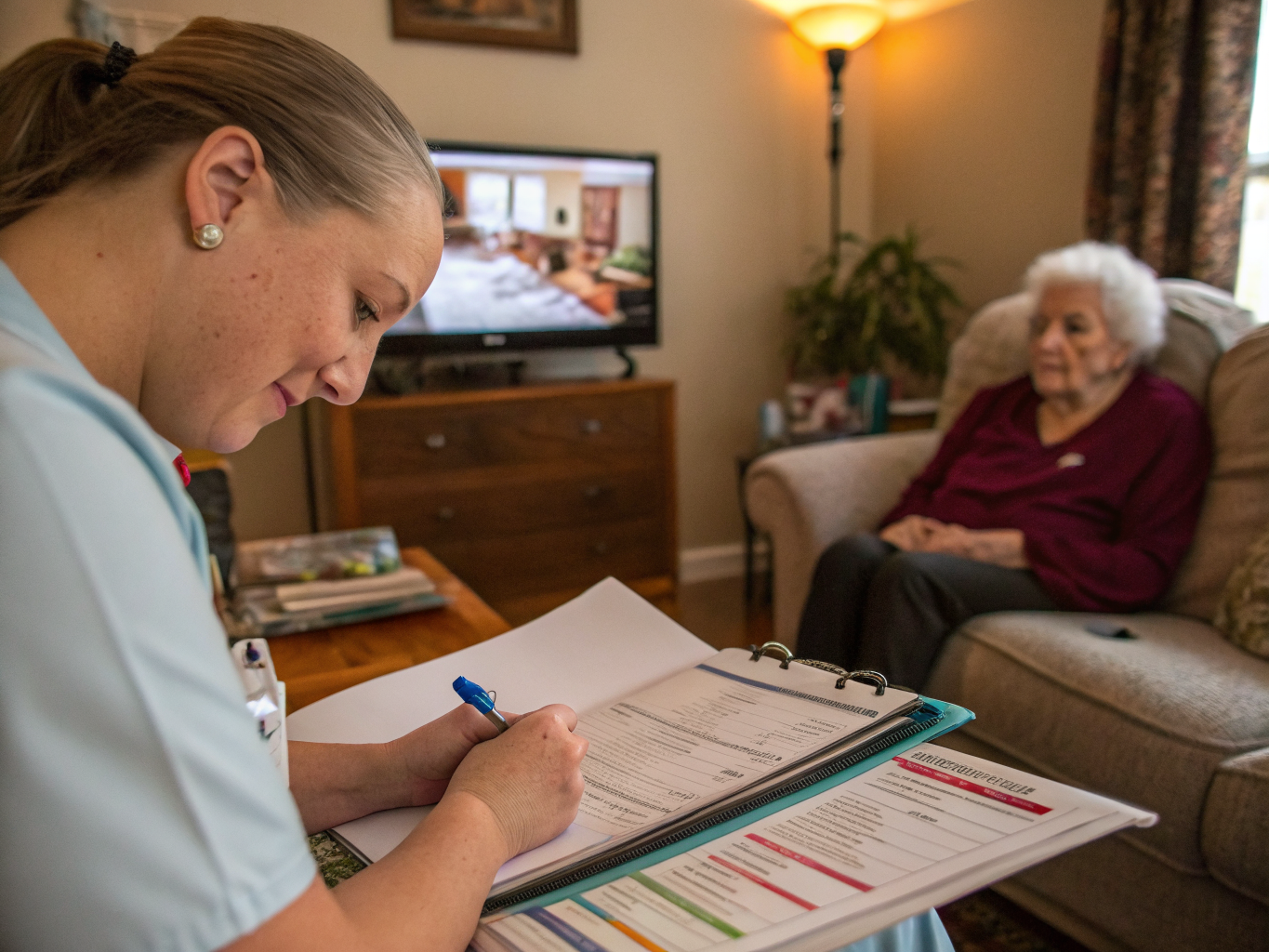 24-hour home care near Kessler West Orange NJ — caregiver documenting daily care in organized binder