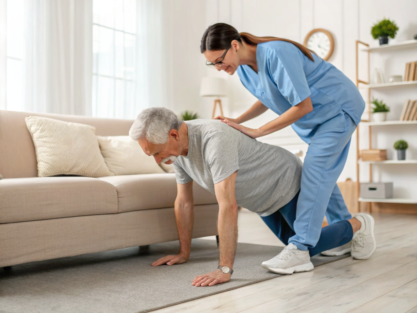 24-hour home care near Kessler West Orange NJ — caregiver teaching senior proper technique to stand from sofa