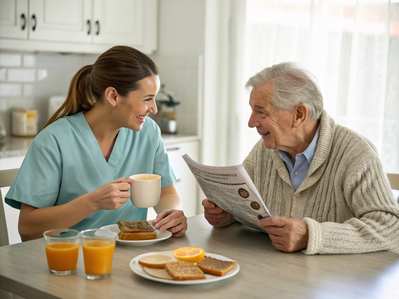 Live-in caregiver and senior having breakfast together near Kessler West Orange NJ — morning routine and companionship