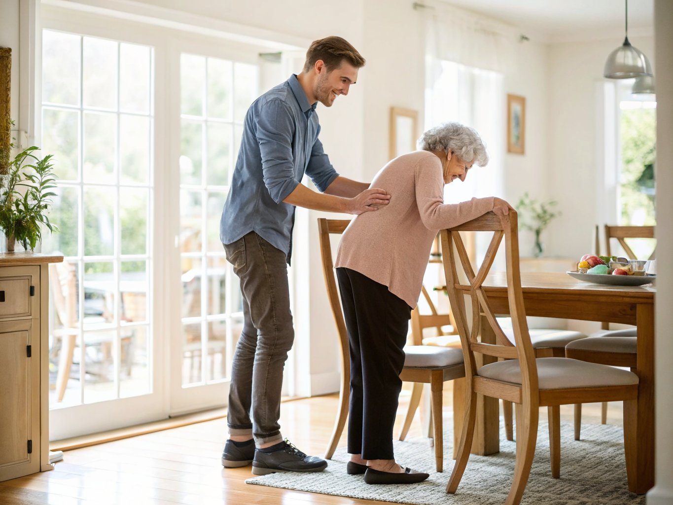Live-in caregiver helping senior practice standing from chair near Kessler West Orange NJ — rehabilitation coaching