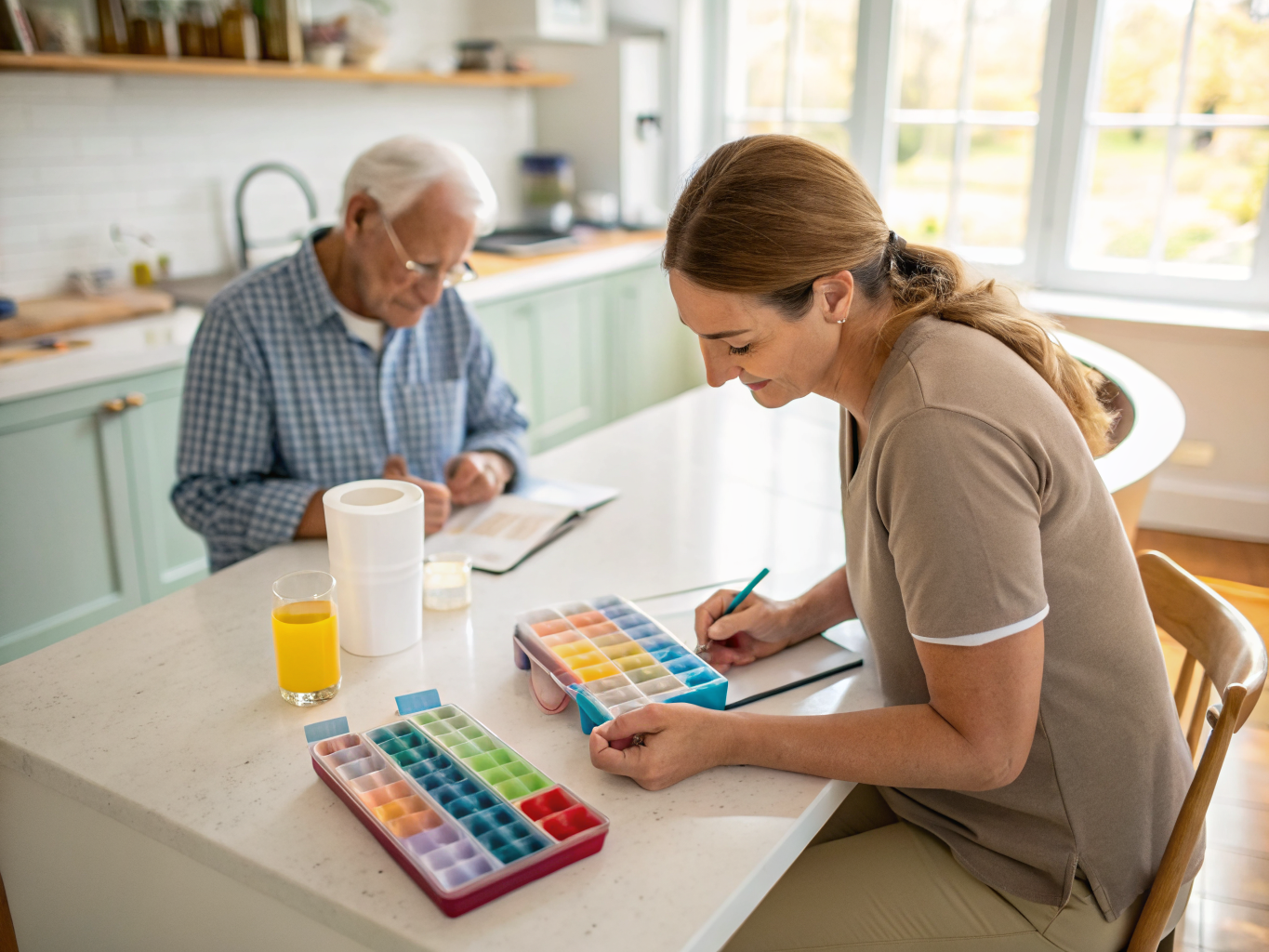 Live-in caregiver organizing weekly medication planner near Kessler West Orange NJ — precise medication management