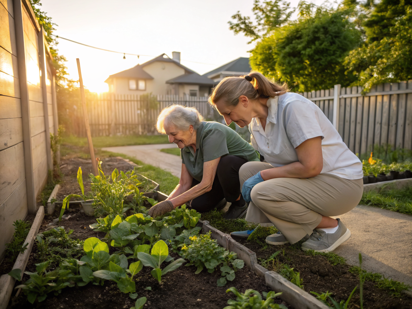 Live-in caregiver and senior gardening together near Kessler West Orange NJ — therapeutic outdoor activity