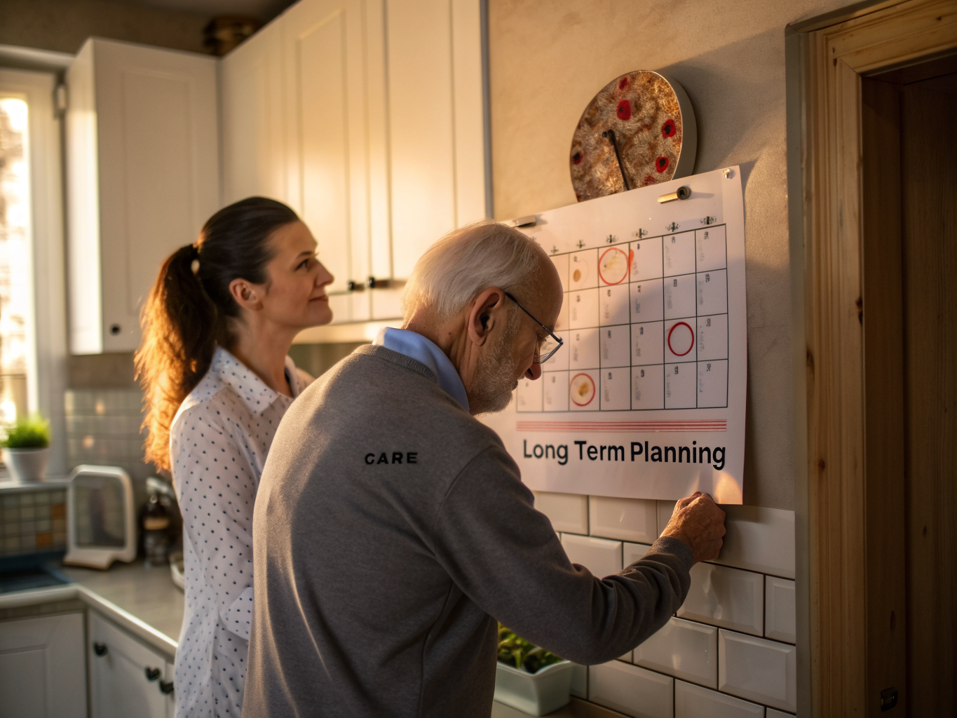 Long-term care planning near Kessler West Orange NJ — caregiver and senior marking months on calendar