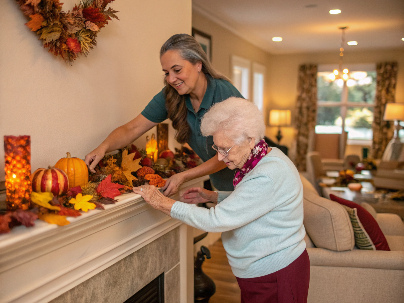 Long-term home care near Kessler West Orange NJ — caregiver helping senior decorate for autumn season