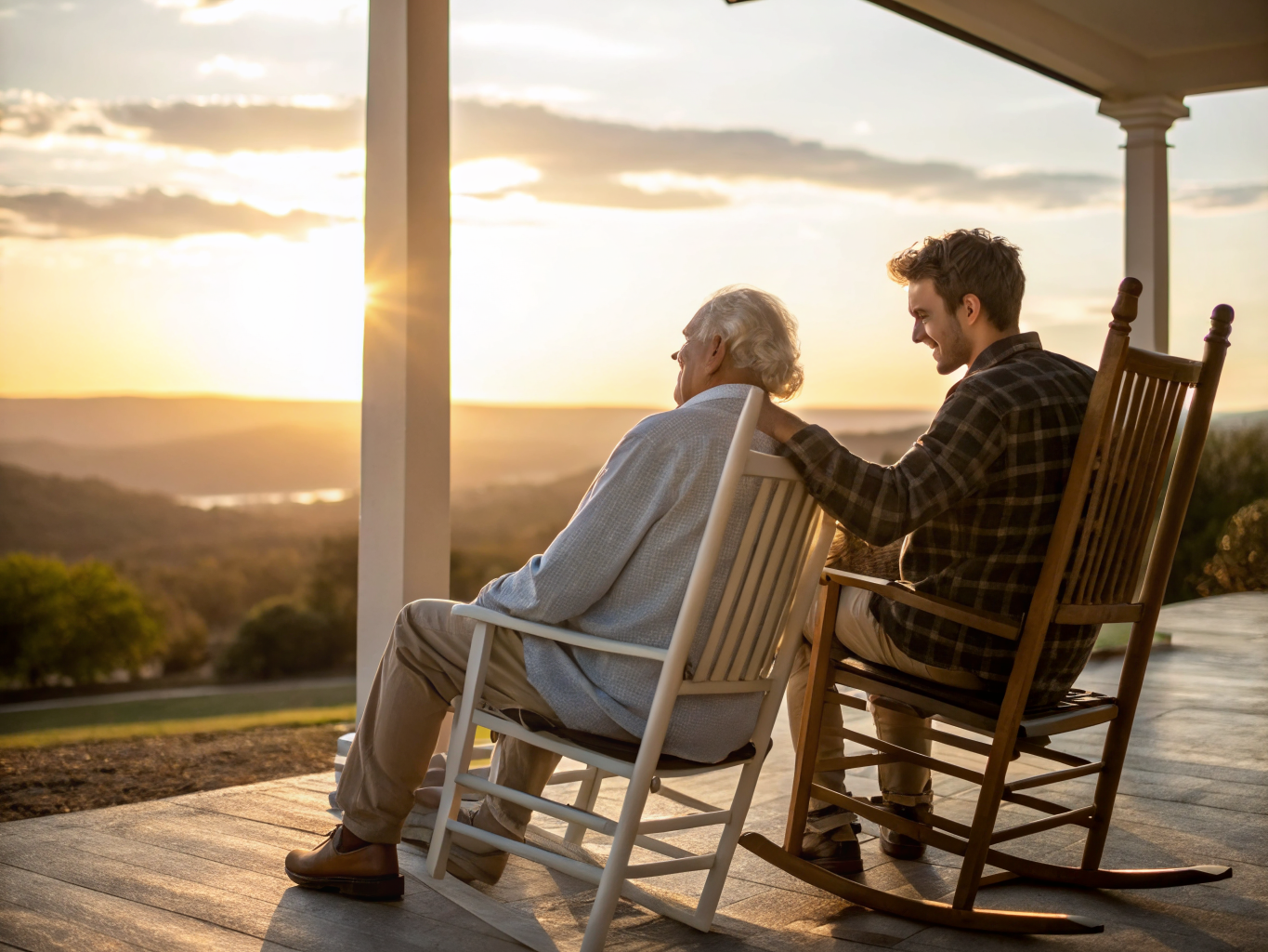 Long-term caregiver bond near Kessler West Orange NJ — caregiver and senior watching sunset on porch