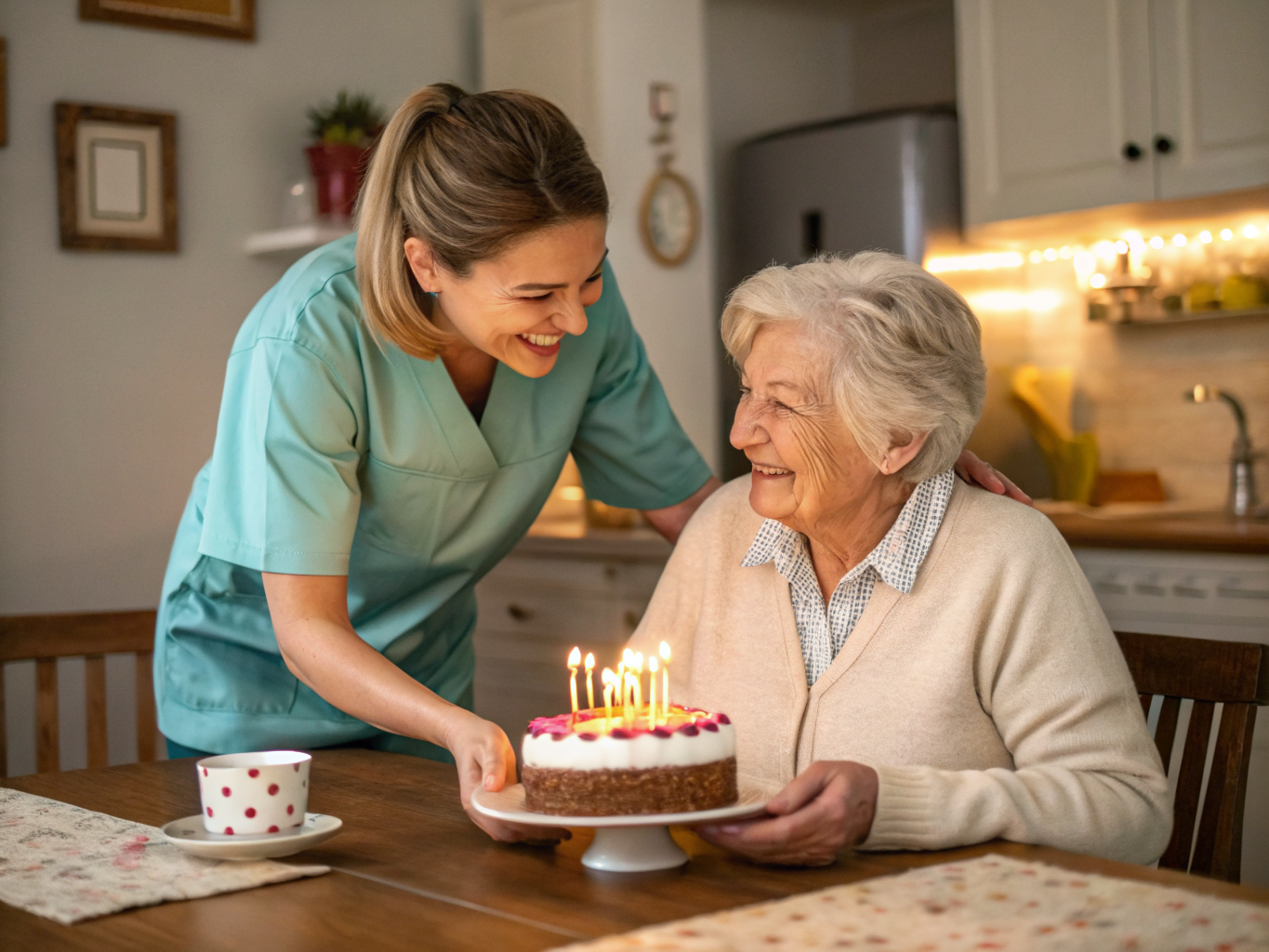 Long-term care celebration near Kessler West Orange NJ — caregiver helping senior celebrate birthday