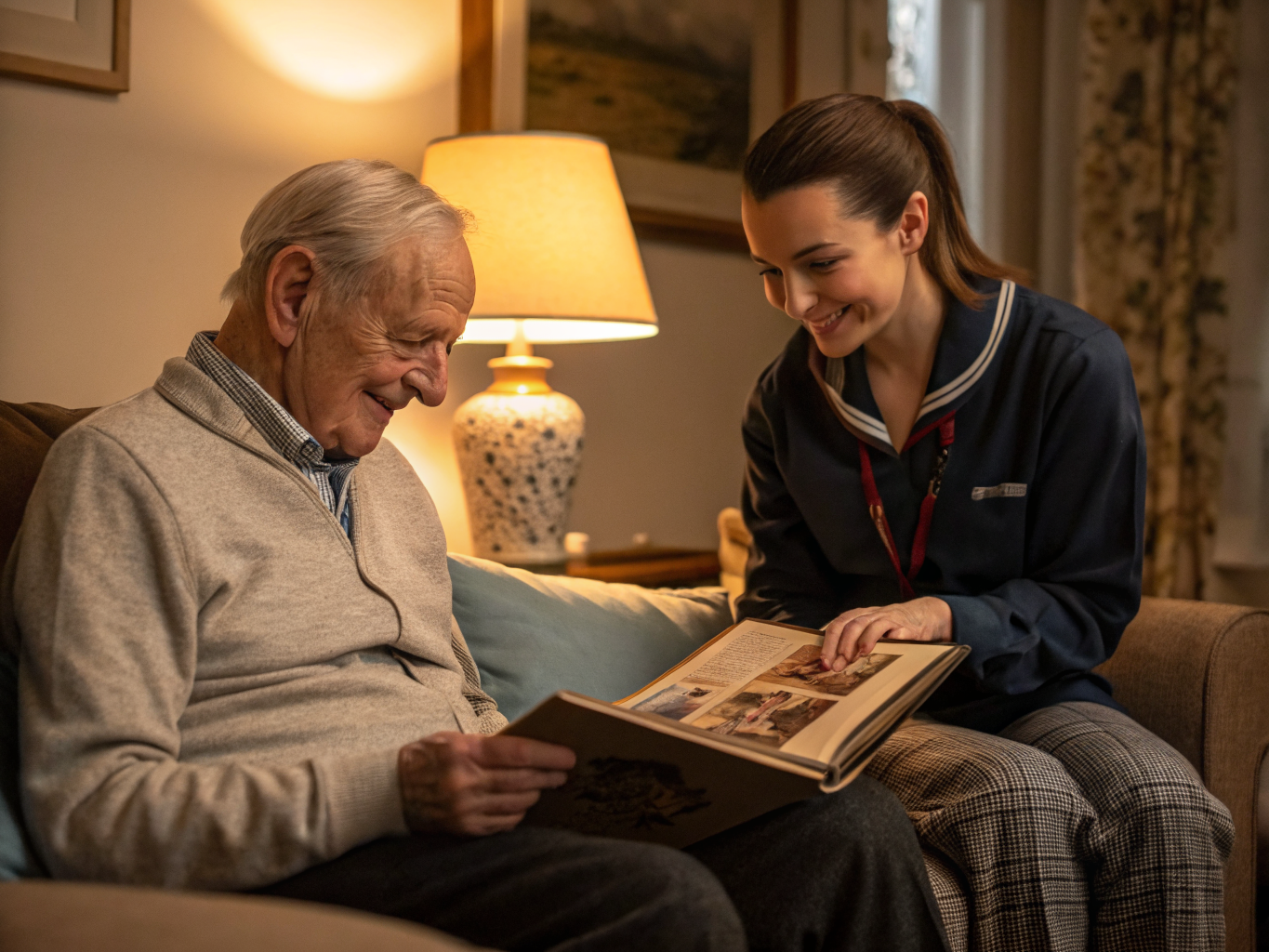 Long-term care connection near Kessler West Orange NJ — caregiver and senior reviewing family photo album