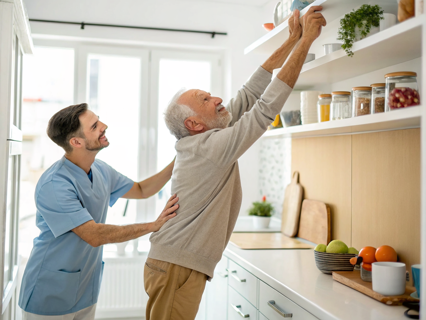 Post-stroke arm reaching therapy near Kessler Rehabilitation West Orange NJ — caregiver guiding shelf reach exercise