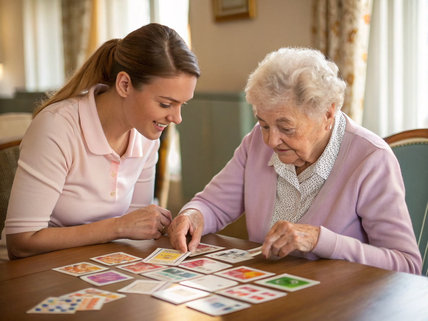 Post-stroke cognitive rehabilitation near Kessler West Orange NJ — caregiver guiding memory card-matching game