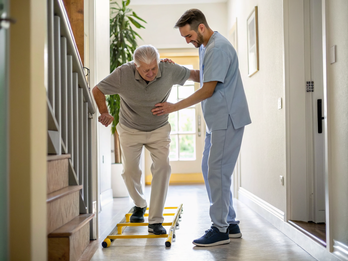 Post-stroke gait training near Kessler Rehabilitation West Orange NJ — caregiver guiding obstacle stepping exercise