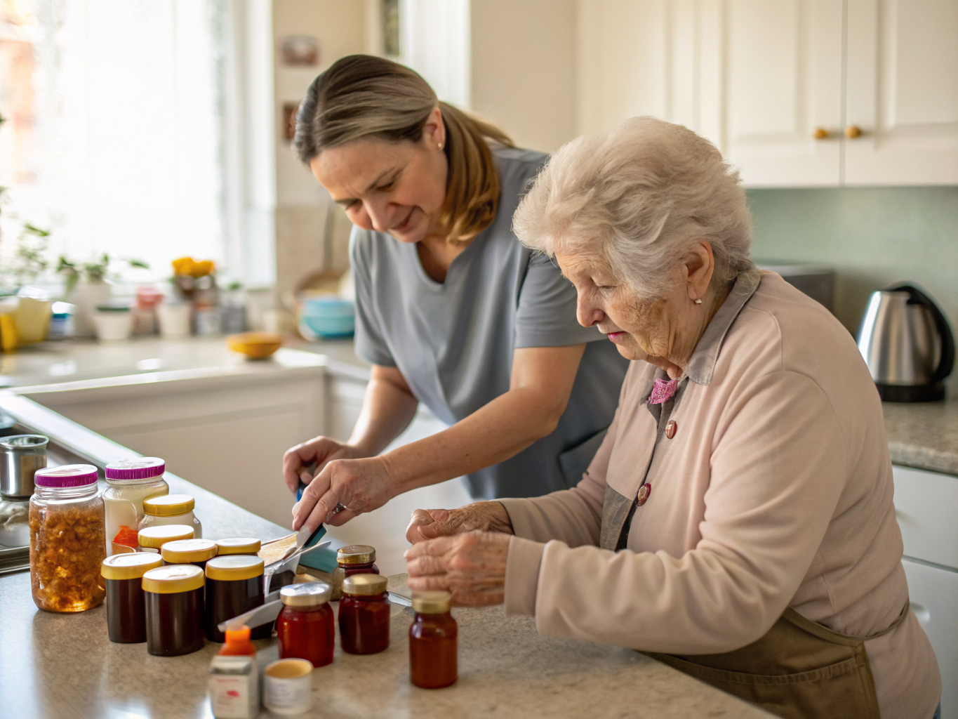 Post-stroke hand therapy near Kessler West Orange NJ — caregiver helping senior practice opening jars with affected hand