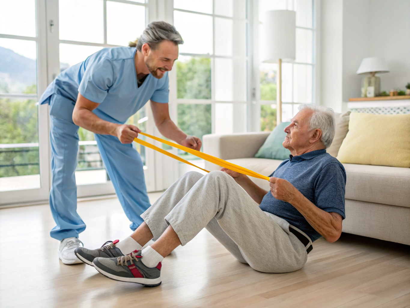 Post-stroke leg strengthening near Kessler Rehabilitation West Orange NJ — caregiver guiding seated resistance band exercises