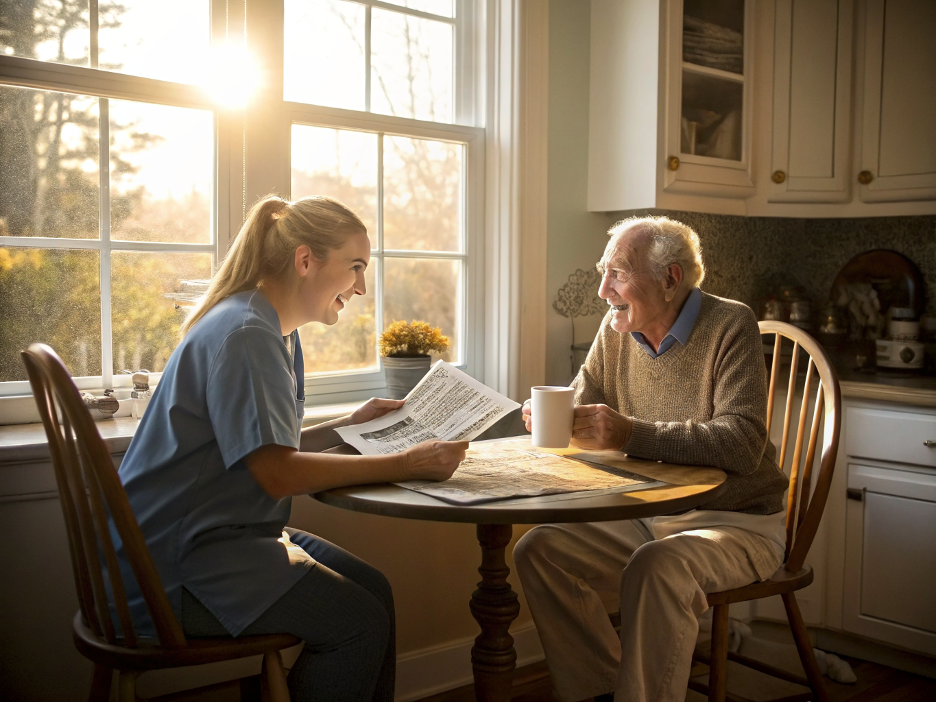 Live-in home care in Essex County NJ — caregiver and senior sharing morning coffee and conversation near Livingston