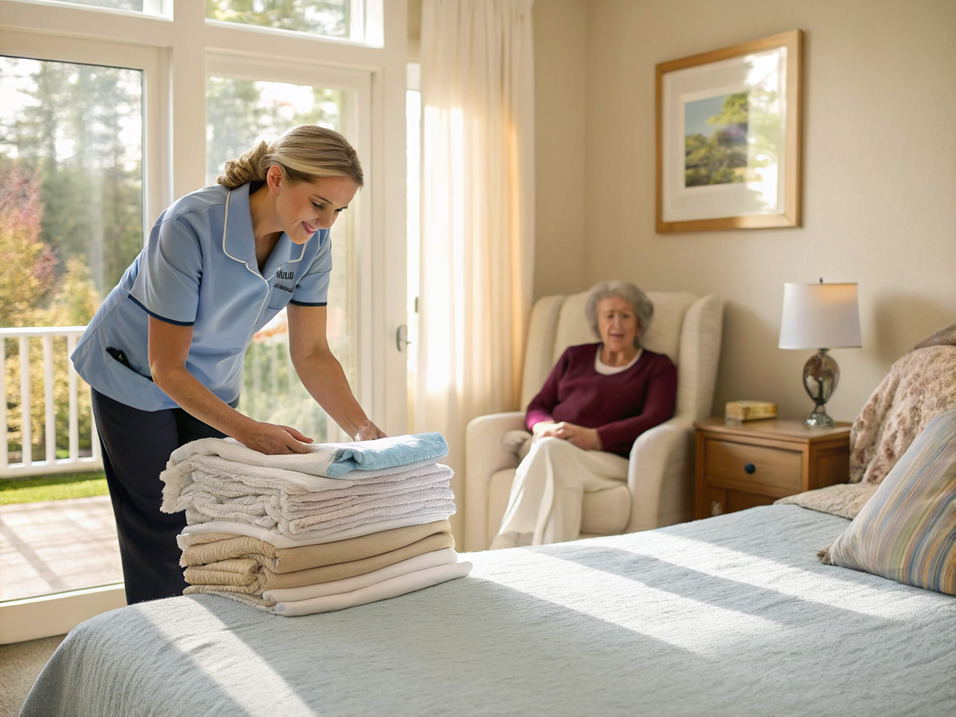 Live-in home care in Middlesex County NJ — caregiver folding laundry while senior rests comfortably near Edison