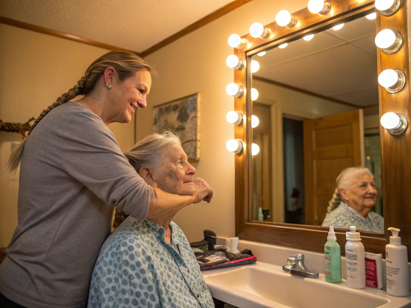 Live-in home care in Morris County NJ — caregiver braiding senior's hair with care and patience near Morristown