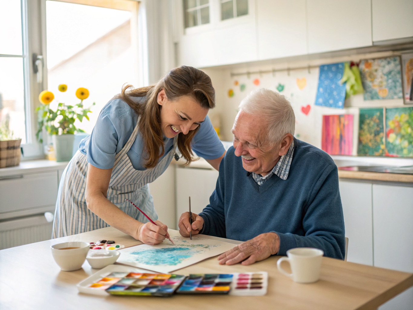 Live-in home care in Somerset County NJ — caregiver and senior painting watercolors together near Basking Ridge