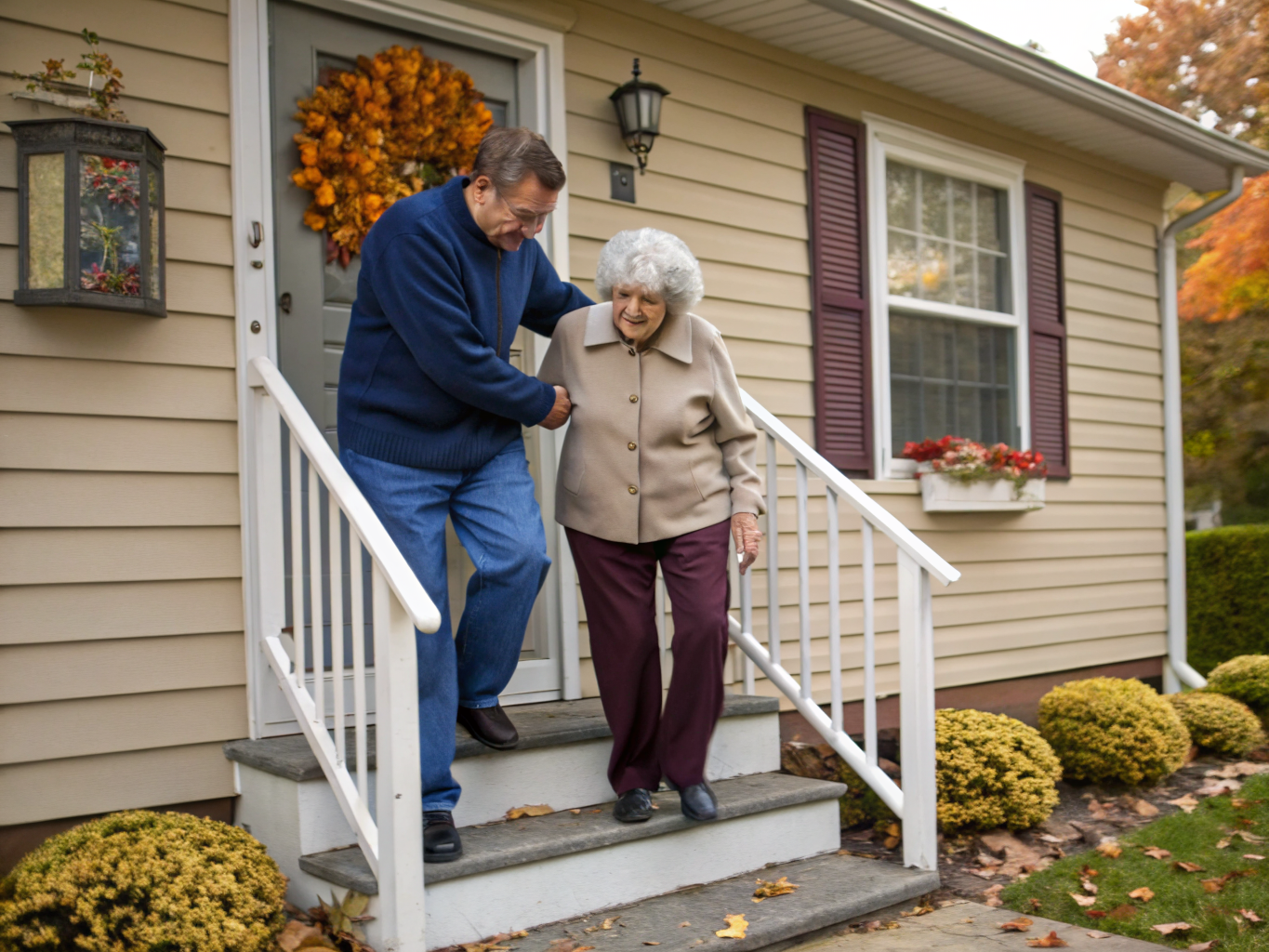 Live-in home care in Union County NJ — caregiver helping senior safely down porch stairs near Westfield