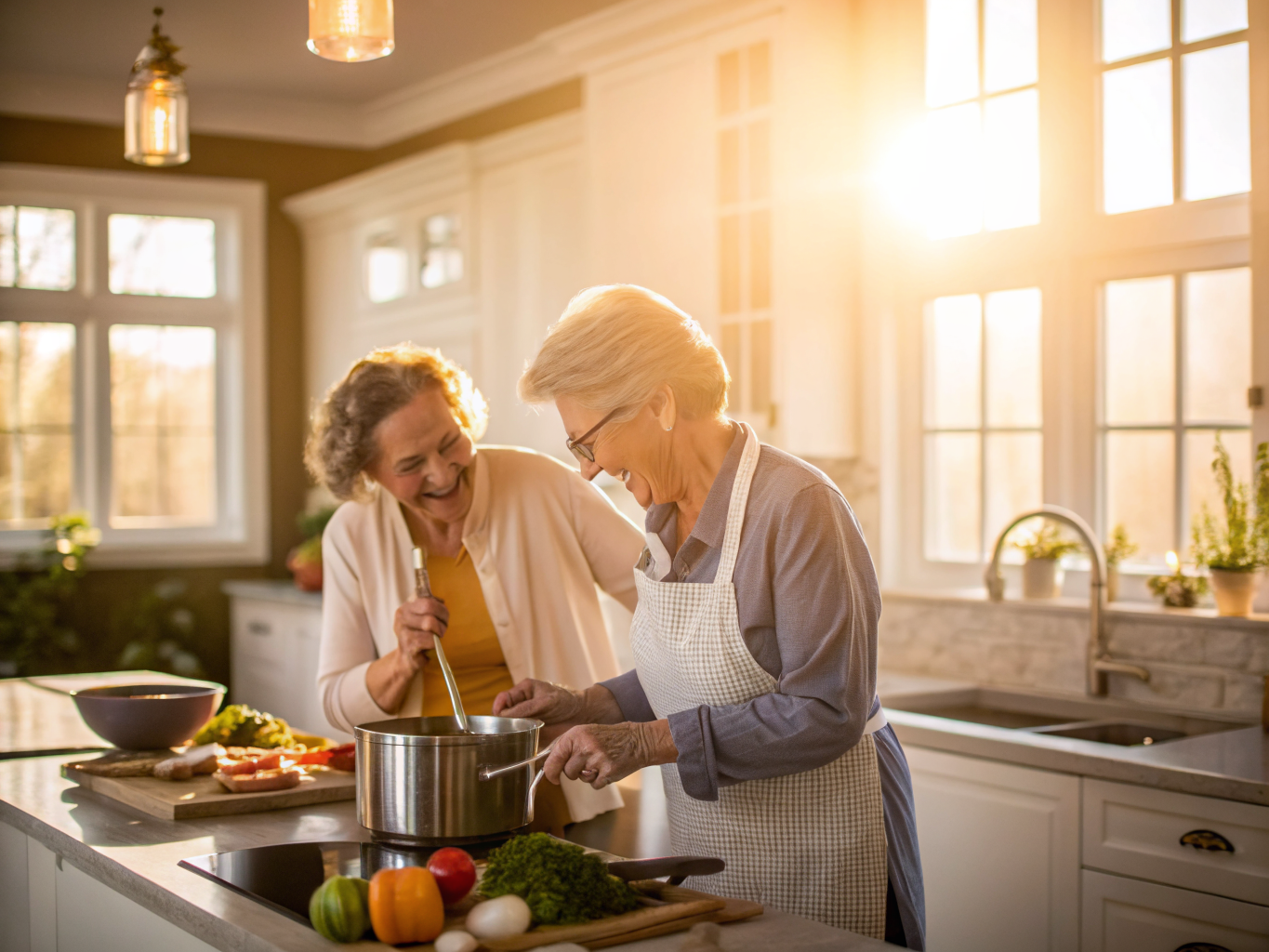 Live-in home care New Jersey — caregiver and senior cooking together
