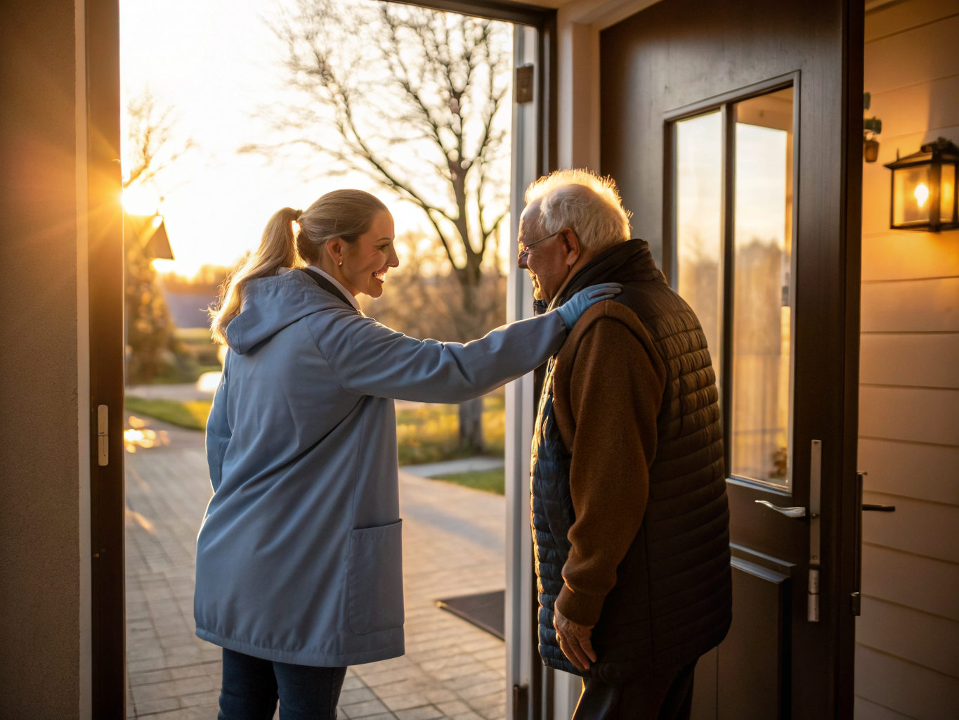 Live-out aide departing senior's home after afternoon shift in Essex County NJ — warm goodbye near Livingston