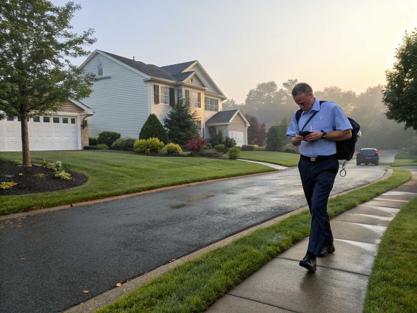 Live-out aide walking up driveway to senior's home in Morris County NJ — reliable morning arrival near Morristown
