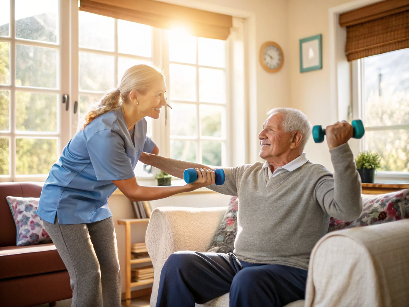 Live-out aide guiding senior through arm exercises in Somerset County NJ — scheduled afternoon visit near Basking Ridge