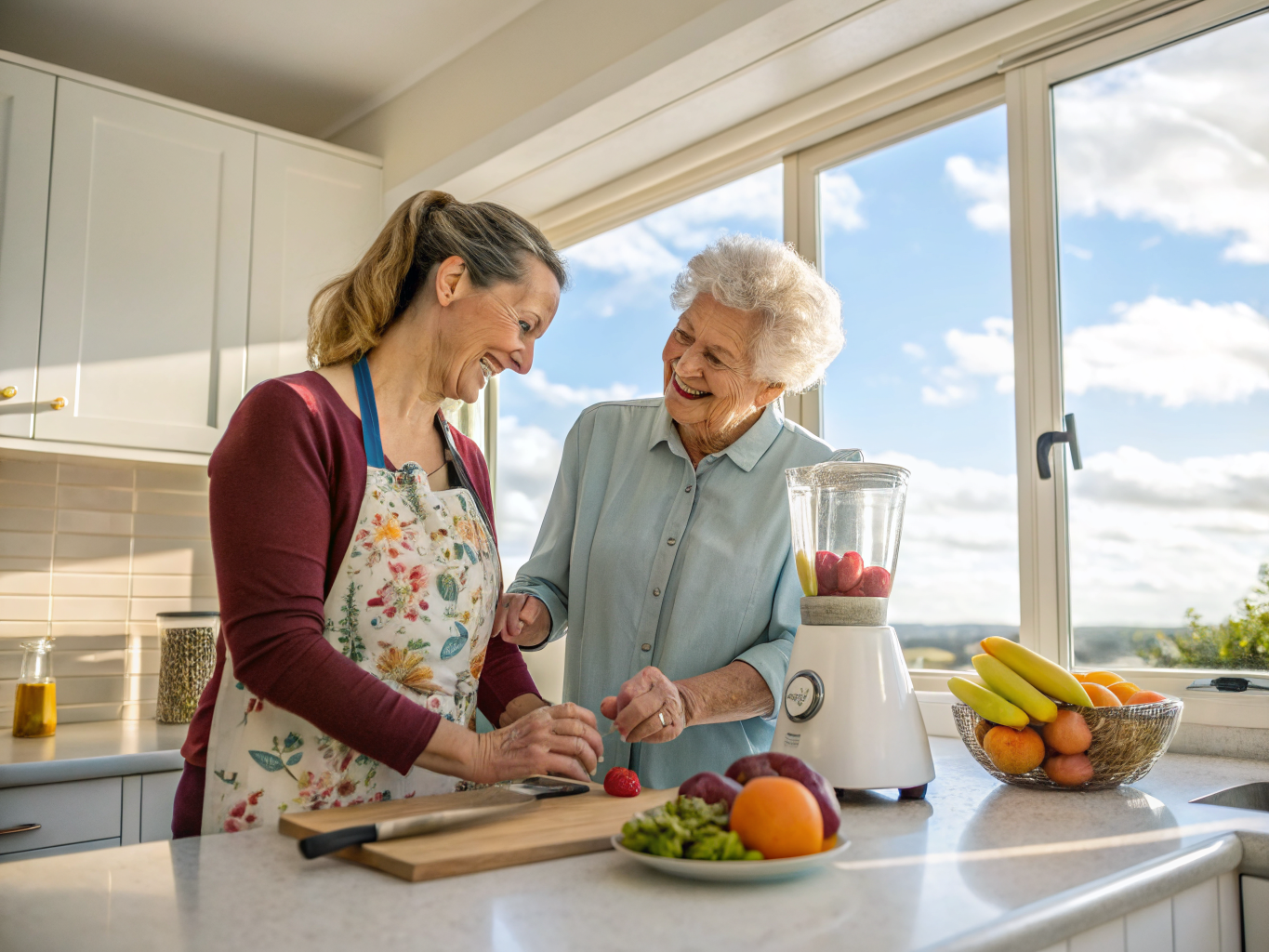 Live-out aide and senior making smoothie together in Union County NJ — healthy activity during daytime visit near Westfield