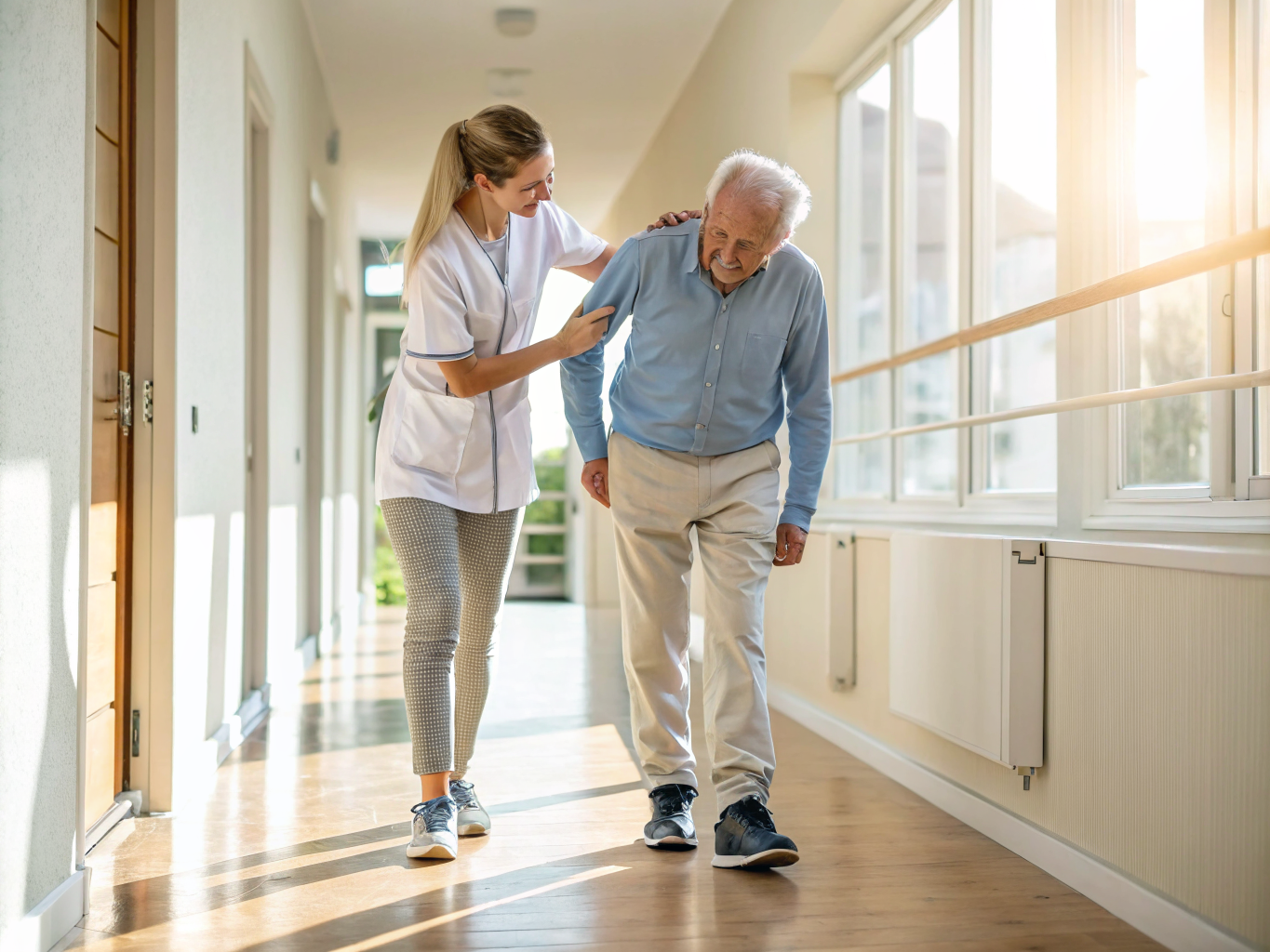 Live-out caregiver helping senior practice walking in Essex County NJ hallway near Livingston — rehabilitation support