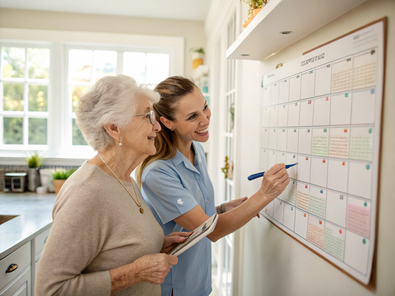 Live-out caregiver and senior planning weekly schedule at calendar in Middlesex County NJ home near Edison