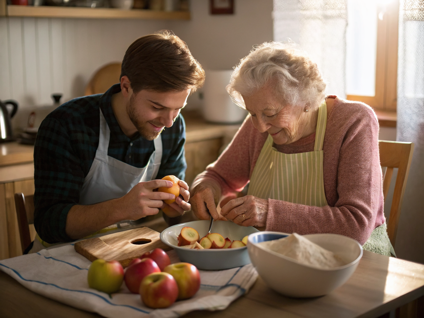 Live-out caregiver and senior peeling apples together for baking in Morris County NJ kitchen near Morristown