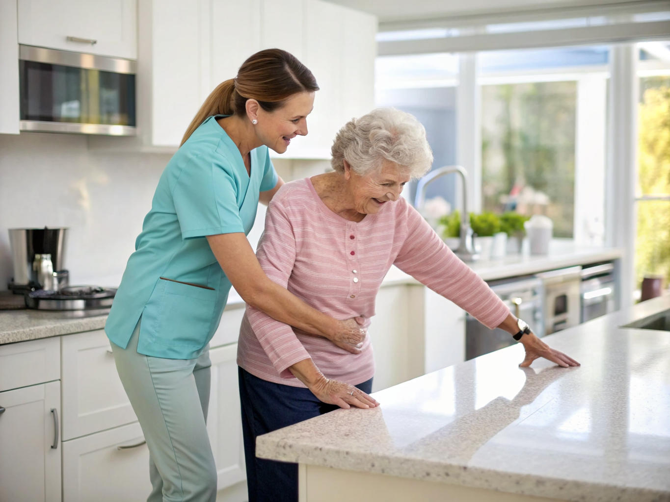 Live-out caregiver guiding senior through standing balance exercises at kitchen counter in Somerset County NJ near Basking Ridge