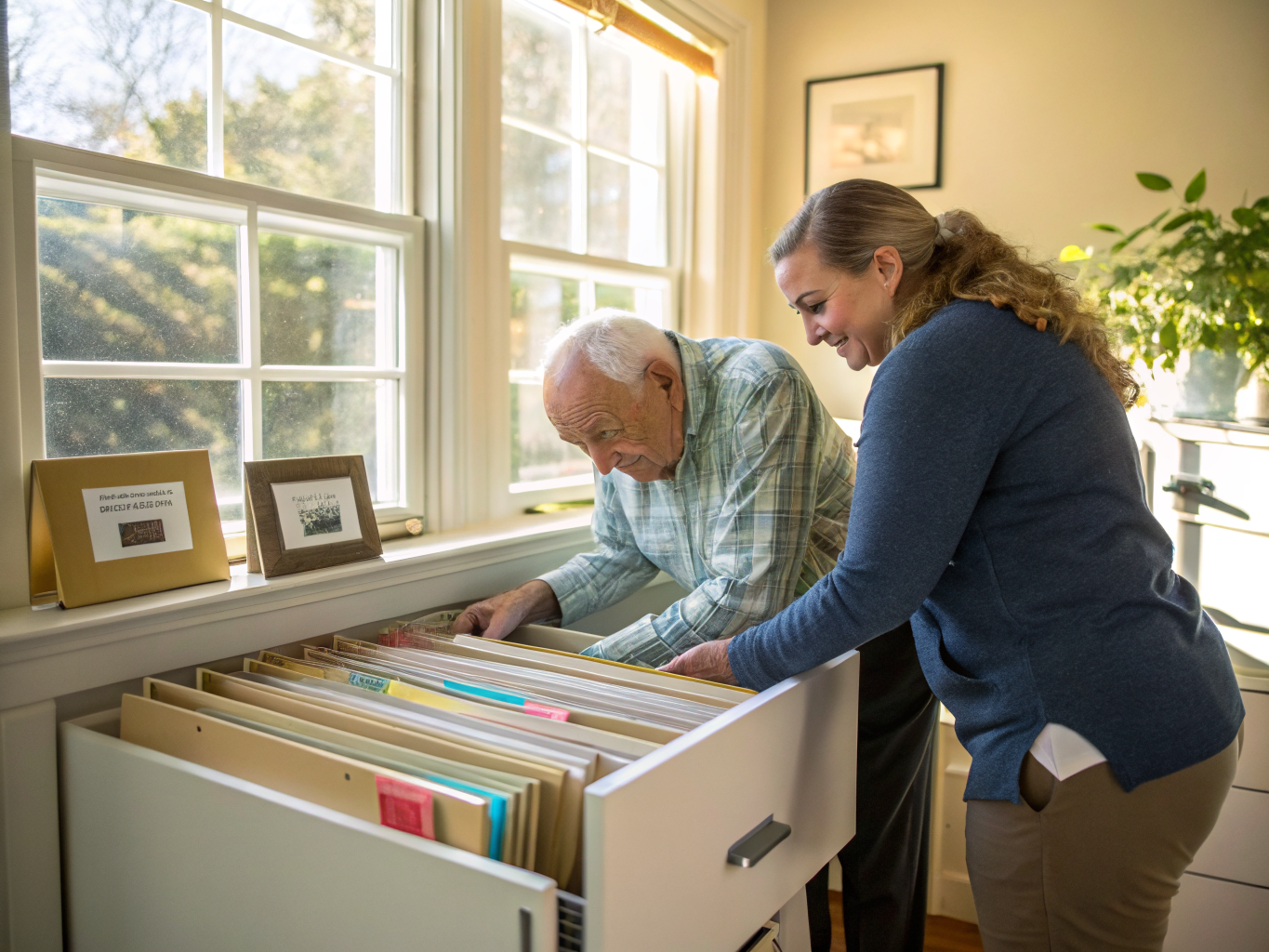 Live-out caregiver helping senior organize desk in Union County NJ home near Westfield — daily task support