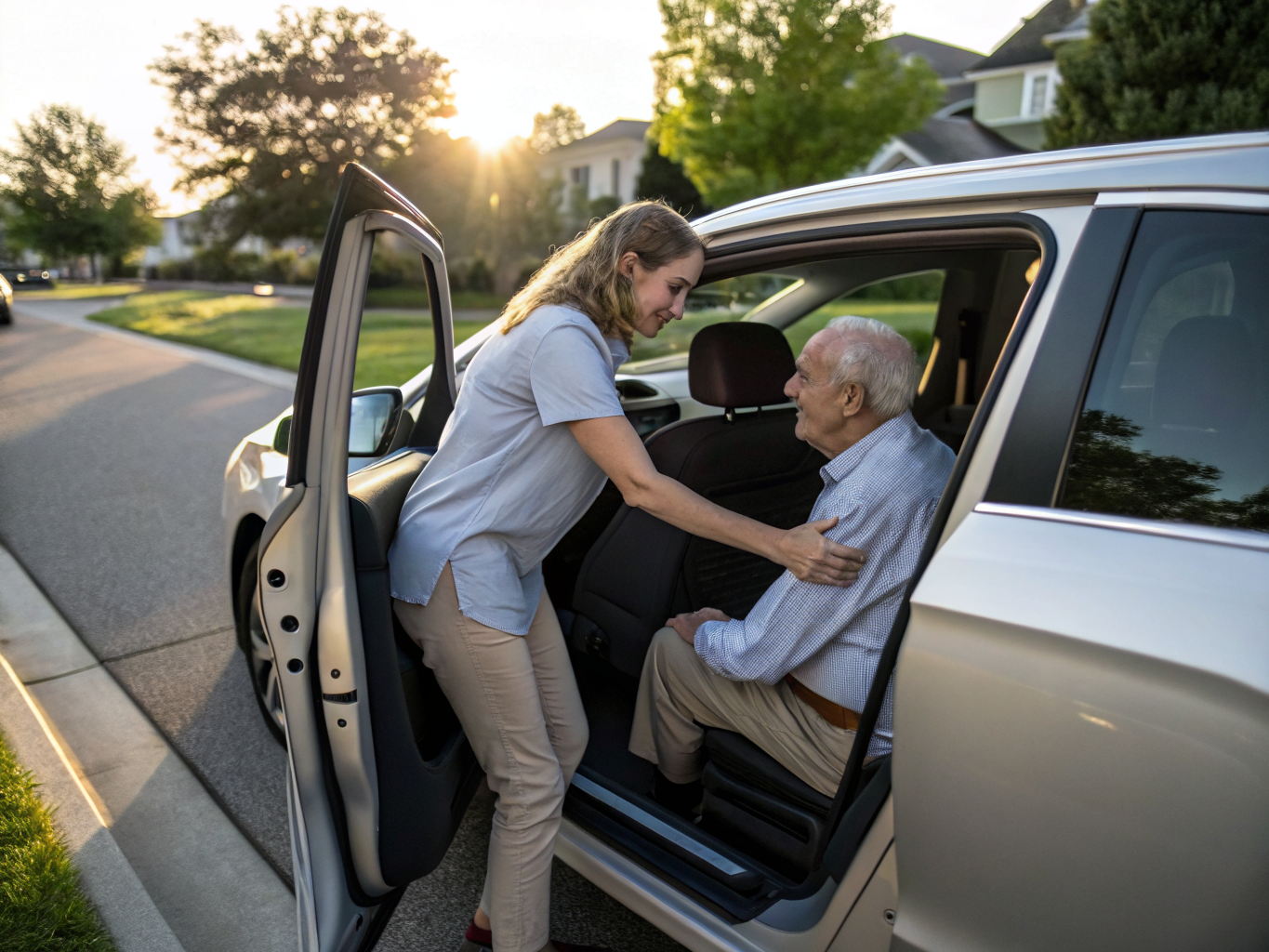 Live-out home care in Essex County NJ — caregiver helping senior into car for appointment near Livingston