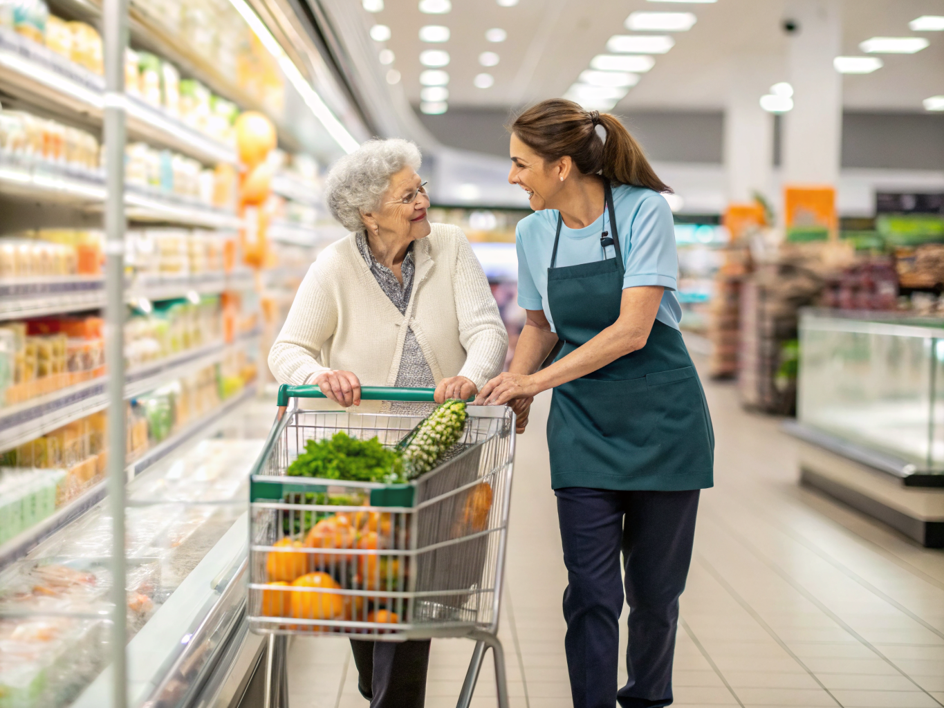 Live-out home care in Middlesex County NJ — caregiver helping senior shop for groceries near Edison