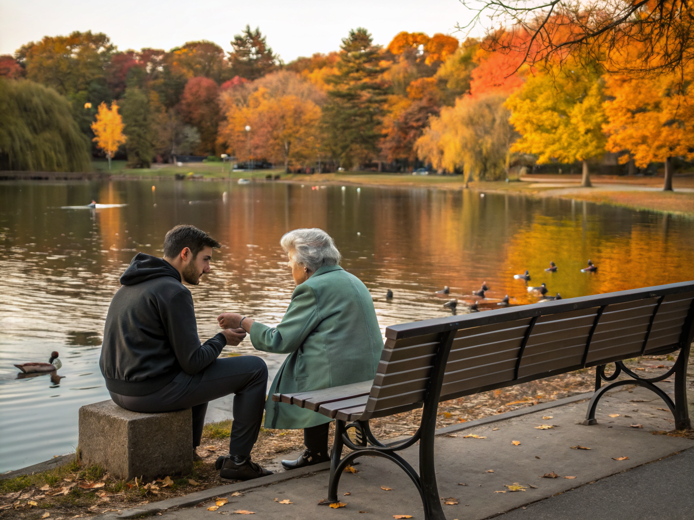Live-out home care in Morris County NJ — caregiver and senior feeding ducks at park near Morristown