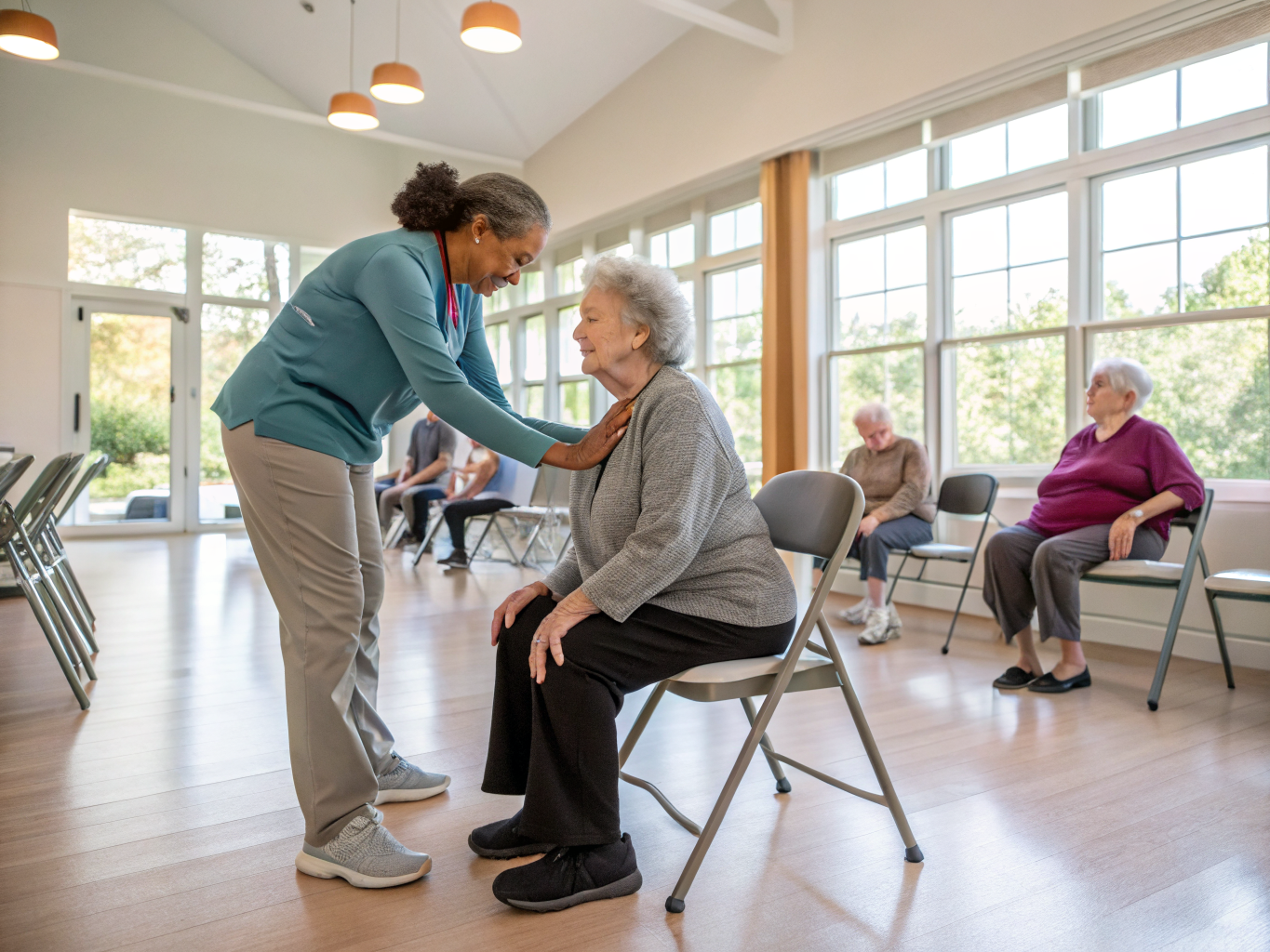 Live-out home care in Somerset County NJ — caregiver guiding senior through chair exercises near Basking Ridge
